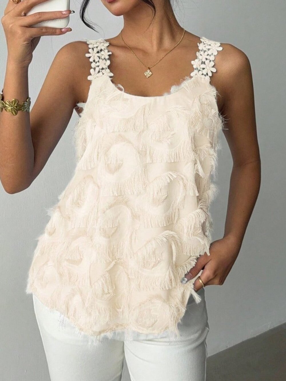 Apricot Casual Women's Elegant Floral Lace Patchwork Textured Camisole Top - Picture 3 of 7